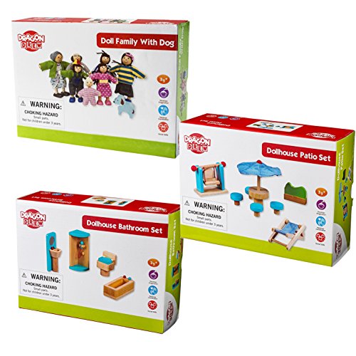 Dragon Drew Wooden Dollhouse Furniture and Family Bundle: Including 1 Doll Family with Dog, 1 Patio Set and 1 Bathroom Set - Colorful Dollhouse Accessories Set - (20 PCS)
