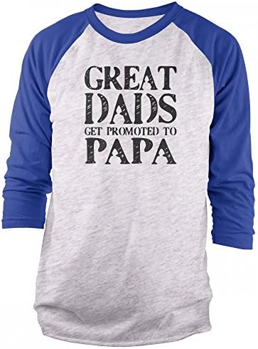 Vine Fresh Tees - Great Dads Get Promoted To Papa 3/4 Sleeve Raglan T-shirt - Adult Medium, Ash w/Royal