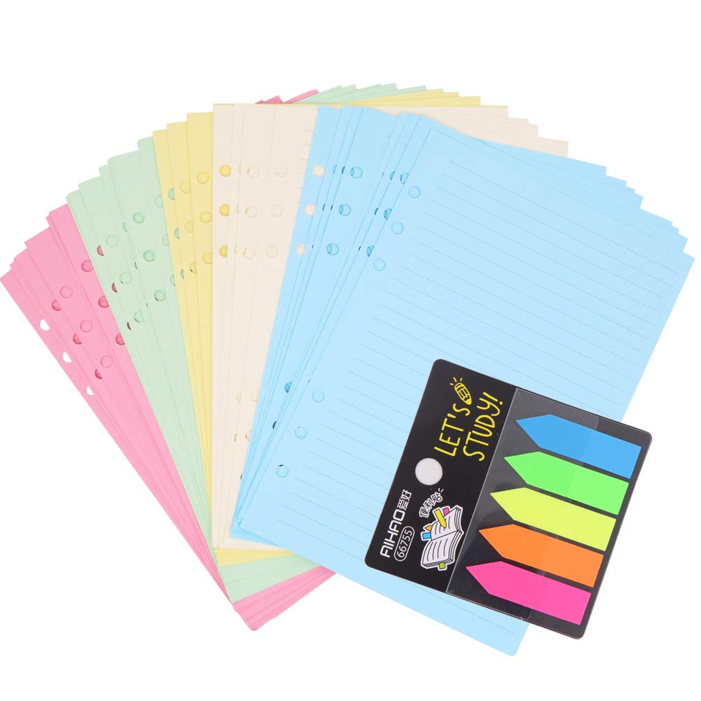 100 Sheet Colored A5 Refills Paper,6 Punched Holes 8.26x5.59 Inch Notepaper, Loose-Leaf Refillable Lined Paper and 100 Pcs Note Flags Index Tabs for Notes Meeting Travel Record