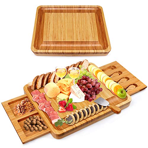 Bamboo Cheese Board and Knife Set, Cheese Servers with Hidden Drawer, Charcuterie Platter and Cheese Serving Tray for Wine, Crackers, Brie and Meat. Perfect for Christmas, Wedding &Housewarming Gifts