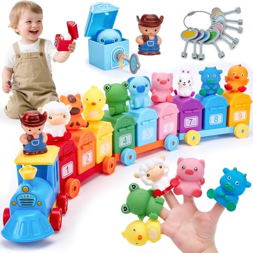 hahaland Giochi Montessori 1 Anno, Animali Giocattolo per Bambini con Conteggio, Abbinamento e Ordinamento, Set di Treno Giocattolo Fattoria Animali Bambini, Educativi Regalo Giochi Bambini 1 2 3 Anno