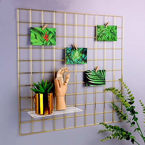 Simmer Stone Multifunction Grid Panel Photo Wall ,Wire Mesh Display Panel Decorative Iron Rack Clip Photograph Wall Hanging Picture,Fashion Art Display & Organizer Gold 1PCS ,23.6"x 23.6