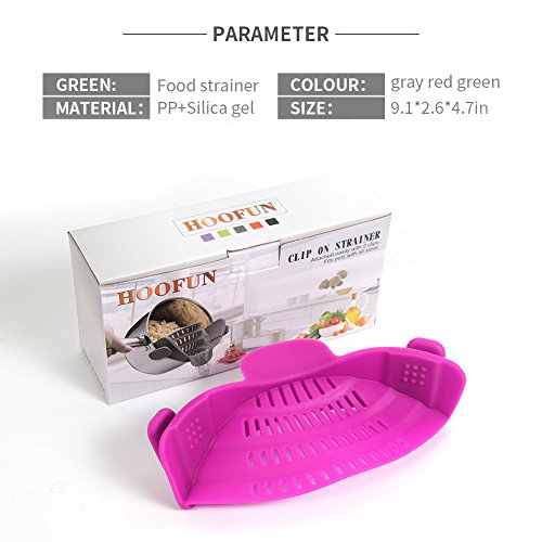 Hoofun Clip-on Silicone Colander, Snap Strainer Colander BPA Free for Spaghetti, Noodles, Pasta, Fruit, Ground Beef- Adjustable Food Grade Filter and Sieve Snaps on Bowls, Pots and Pans (Purple)