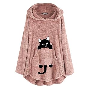 Estellor Funny Cute Cat Pattern Print Hoodie for Women with Big Pocket Design Casual Loose Solid Oversized Outdoor Long Sleeve Hooded Tops Autumn Winter Fasion Printing Sweatershirt Sport