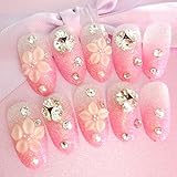 Dongcrystal 24Pcs 3D Bling Nail Art Jewelry Glitter Rhinestone Flower Decor Nail Tips Pink Fake Nails
