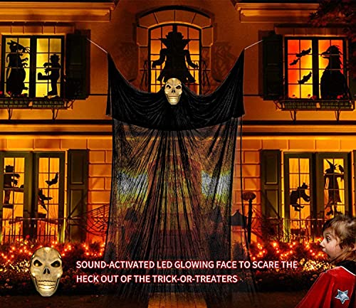 13ft Halloween Hanging Ghost Decorations, special sound effects, Collocation Scary Fake Spiders and Stretch Cbowebs, Creepy Skeleton LED Hanging Props for Halloween Party Indoor and Outdoor Decor
