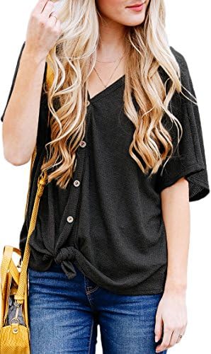 NENONA Women's Casual Short Sleeve Knitted Button Down Loose Tops Blouse T Shirt with Front Tie