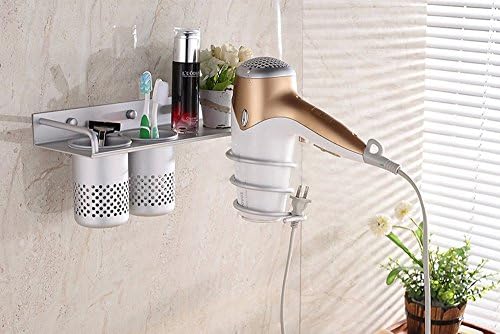 Hair Dryer Holder Rack,Aluminum Holder Wall Mounted Stand Hair Dryer Storage Comb Organizer for Bathroom Washroom Accessories with 2 Cups