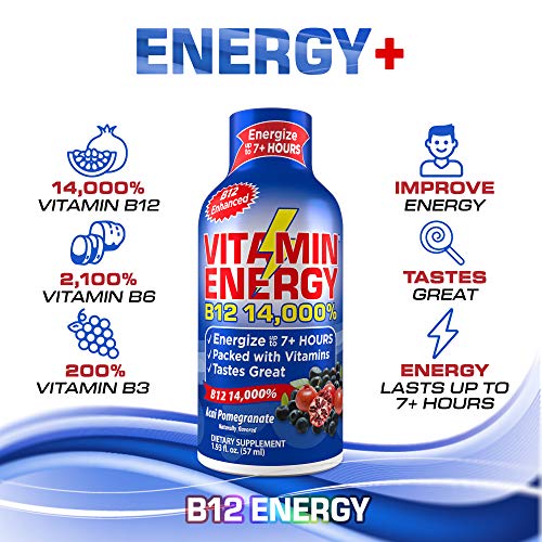 Vitamin Energy B12 Energy Drink Shots, Acai Pomegranate Flavor, Up to 7+ Hours of Energy, 1.93