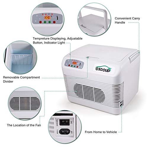 EXCOUP Electric Cooler and Warmer with Portable Handle for Car and Home 12 Liter Mini Fridge Thermoelectric Refrigerator, 23Â°F-140Â°F