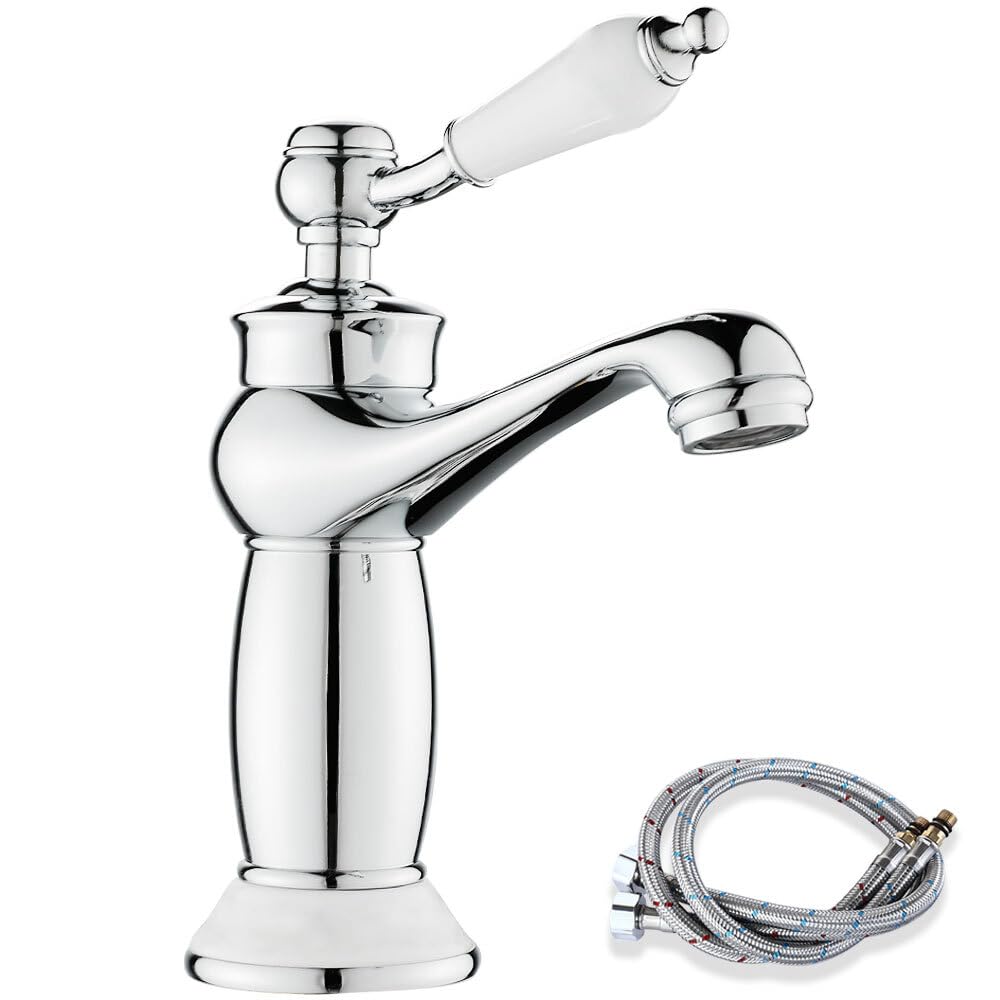 Maynosi Retro Bathroom Sink Taps, Luxury Victorian Basin Mixer Tap with Ceramic Handle, Vintage Faucet for Cloakroom, Include Flexible Tails, Brass (Chrome)