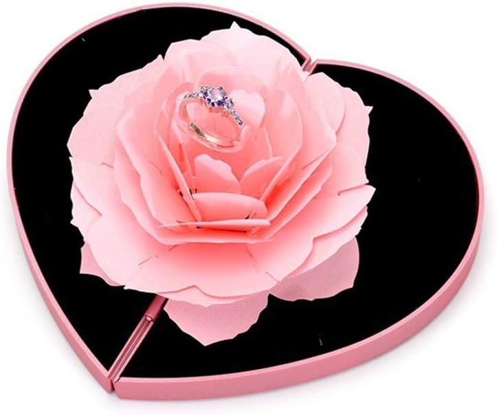 Mintuse Heart-Shaped Spin Ring Box, for Surprise Propose Marriage, 3D Up Rose Ring Box Wedding Engagement Jewelry Storage Holder Case (Pink)
