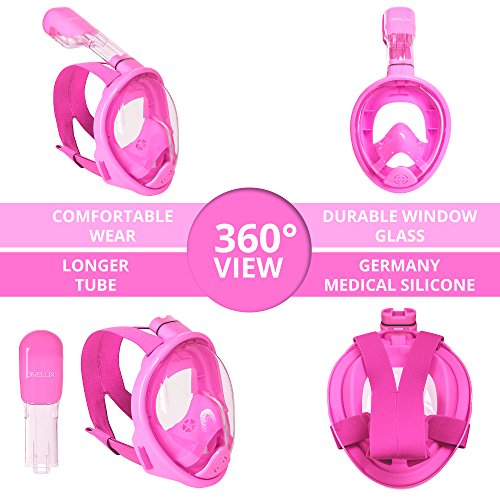 DIVELUX Snorkel Mask - Original Full Face Snorkeling and Diving Mask with 180° Panoramic Viewing - Longer Ventilation Pipe, Watertight, Anti Fog & Anti Leak Technology, for Kids (Pink, XS)
