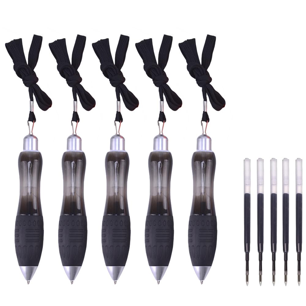 5 Pieces Wide Grip Pens With Lanyard and Refills, Big Fat Weighted Ballpoint for Weak Hands Arthritis Tremors [Black Ink]