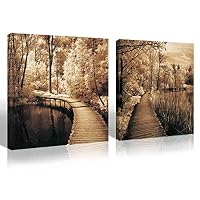 Mon Art Nature Landscape Print on Canvas Greenway Bridge Scenery Picture Wall Art for Bathroom Bedroom Living Room Decoration Modern Rustic Home Decor Photo Prints Artwork Framed,12"x12"x2 Panel