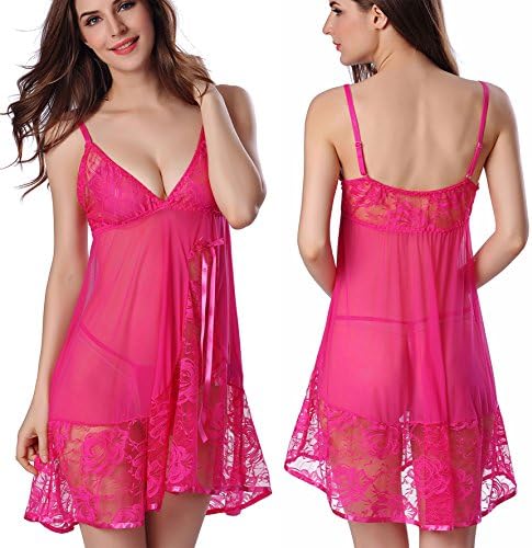 Yemeina Womens Lingerie Lace Nighty Sleepwear Sexy Slim Babydoll Chemise Nightwear with G-String (Small, Rose)