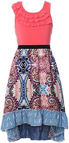 Big Girls Long Sleeve Hi Low Dress (with Many Options), 7-16 (14, Coral-Multi)