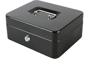 Sgorlds Medium Large Locking Cash Box with Removable Coin Tray, Portable Safe Metal Money Box with Key Lock,Petty Small Money Organizer for Cash with Double Layer & 2 Keys, 7.87"x 6.30"x 3.54", BlacK