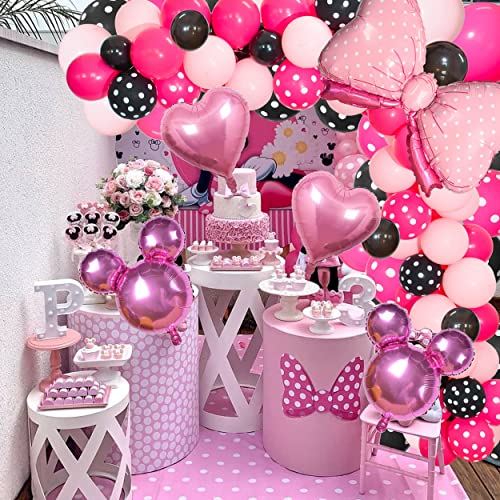 TERRIFI Pink Mouse Color Balloon Garland Kit, 116 Pcs Pink Black Polka Dot Balloon Arch with Bow Foil Balloons for Girls Kids Pink Mouse Theme Birthday Baby Shower Decorations