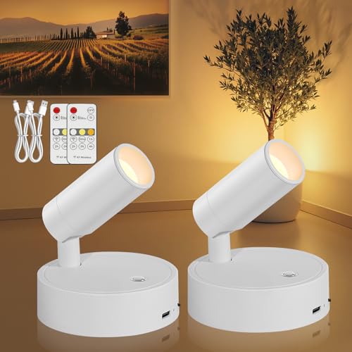TaoFiaCo 2 x LED Rechargeable Indoor Wall Spotlights, White, Pack of 2 | USB Wall Light with Remote Control, 3 Colours, Wireless LED Spotlight for Lighting of Pictures Plants Bedroom