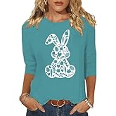 peugryu Women 3/4 Sleeve Shirts Cute Bunny Easter Eggs Graphic Shirts Spring Comfortable Basic Colorful Tops Blouse