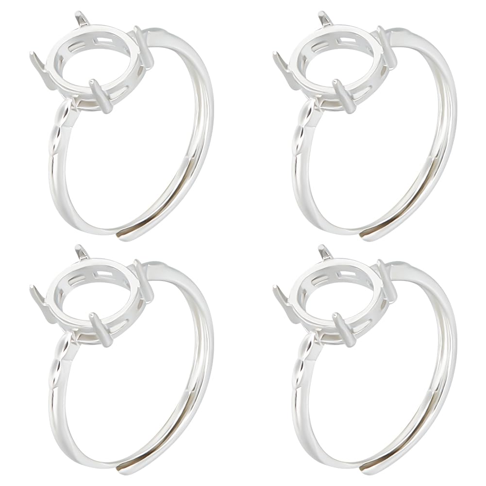 Beebeecraft 1 Box 4Pcs Prong Ring Blanks 925 Sterling Silver Plated Adjustable 4 Claw Prong Pad Ring Settings Finger Components for Jewellery Making Kit Findings DIY Crafts