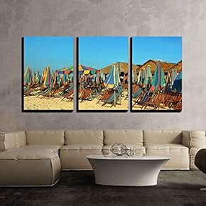 3 Piece Canvas Wall Art - Vacation Chairs and Umbrellas on Sandy Tropical Beach of Thailand Island - Modern Home Art Stretched and Framed Ready to Hang - 16"x24"x3 Panels