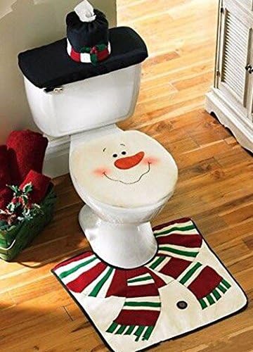CELLTEK New Snowman Santa Toilet Seat Cover and Rug Set for Bathroom for Christmas Decorations Set of 4 (White)
