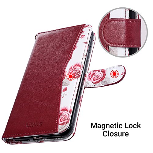 ULAK iPhone 8 Plus Case, iPhone 7 Plus Wallet Case,Floral PU Leather Wallet Case with Kickstand Card Holder ID Slot and Hand Strap Shockproof Rubber Cover for iPhone 7 Plus/8 Plus,Burgundy