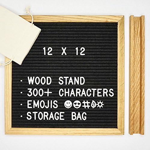 Felt Letter Board, 12x12 inch, Black,300+ letters with emojis, Oak Frame, with stand and canvas bag letter organizer. Changeable Letterboard by Hark