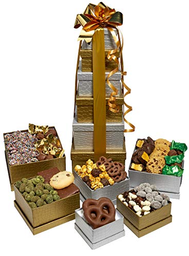 Holiday Silver & Gold Gift Basket Tower Featuring Holiday Fare & More