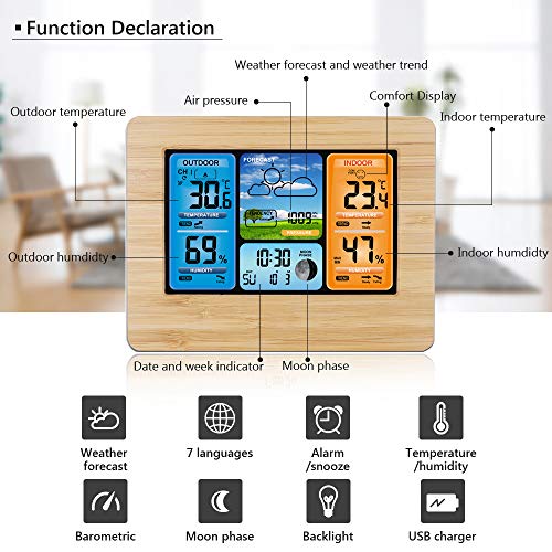 ALLOMN Wireless Weather Station with Color High Definition Display Indoor Outdoor Digital Thermometer Home Alarm Clock with Temperature Humidity Barometer Alarm Moon Phrase (Yellow Bamboo) - Thumbnail 5