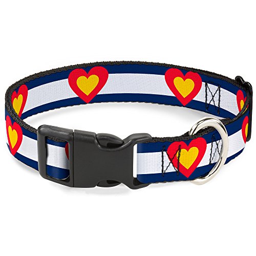 Buckle-Down Plastic Clip Collar - Colorado Heart Blue/White/Red/Yellow - 1" Wide - Fits 15-26" Neck - Large