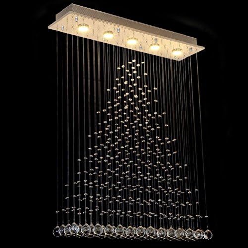Maxax Rectangle Crystal Raindrop Chandelier, 5 Lights Modern Flush Mount Pendant Lighting, K9 Clear Ceiling Light Fixture, for Living Room, Bedroom, Dining Room, Kitchen Island