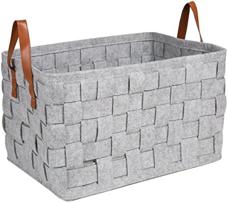 Fabric Storage Laundry Baskets Containers, Estorager Foldable Knitted Baskets Home Organizers Box Cubes with Leather Handles, Large Size (Light gray)