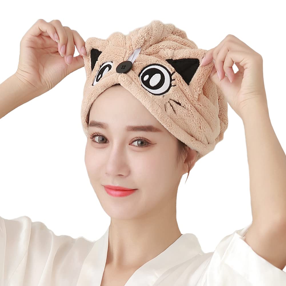 IBLUELOVER Hair Towel Wrap Cute Cat Hair Turban Towel Quick Dry Cartoon Hair Shower Cap Hat Coral Fleece Super Absorbent Dry Hair Wrap Cap for Women Wet Long Thick Hair