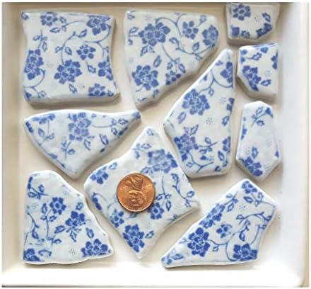13 oz Ceramic Mosaic Tiles Broken China Vintage Style Floral Print Craft Tiles (White/Blue)