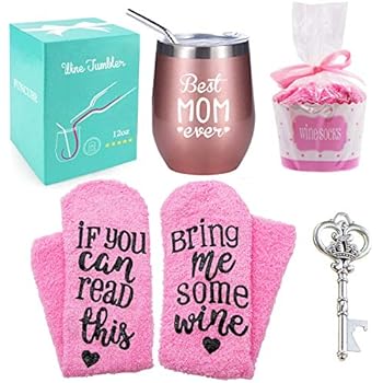 Best Mom Ever Wine Tumbler + Cupcake Wine Socks,12 oz Stainless Steel Double Insulated Stemless Wine Glass with Lid and Straw + Key Bottle Opener, Funny Wine Gift for Women