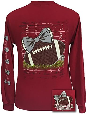 Long Sleeve Ladies Preppy Football with Bow T-Shirt - Crimson (Small)