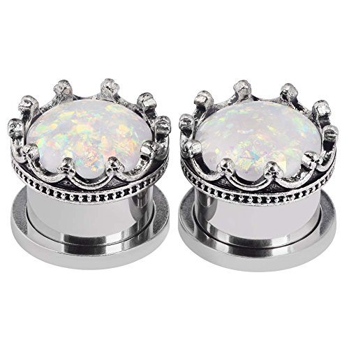 Longbeauty 2Pcs Stainless Steel White Opal Crown Ear Plugs and Tunnels Expander Stretcher Gauge 2g