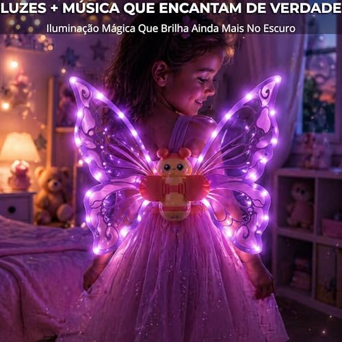 Asas de Borboleta Elétrica com Led, Luz e Música — Movimento Real, Fantasia Infantil Mágica, Para Meninas a Partir de 3 Anos