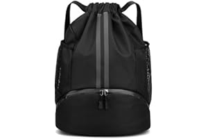 Waterproof Drawstring Backpack with Shoes Compartment Wet Pocket Side Mesh for Men Women Sports Gym Swim