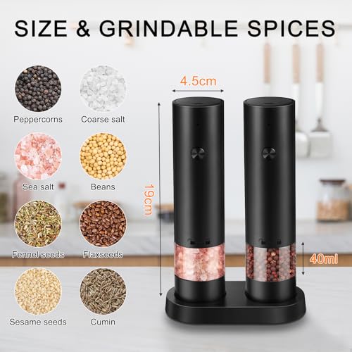 srml Rechargeable Electric Salt and Pepper Grinder Set with 4 Adjustable Coarseness, USB-C Automatic Pepper Mill Spice Grinder with Ceramic Grinding Core, Dust Cover and Base for Home Kitchen BBQ