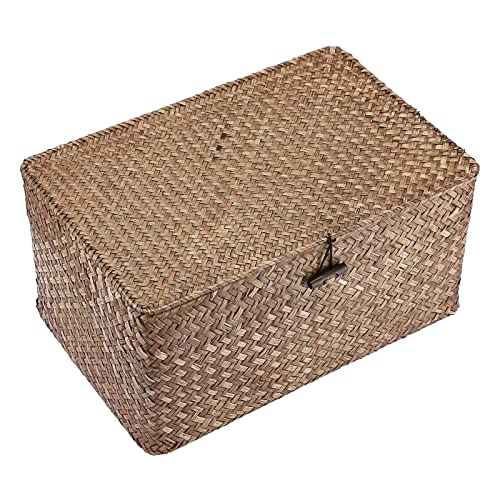 Hipiwe Wicker Shelf Baskets Bin with Lid, Handwoven Seagrass Basket