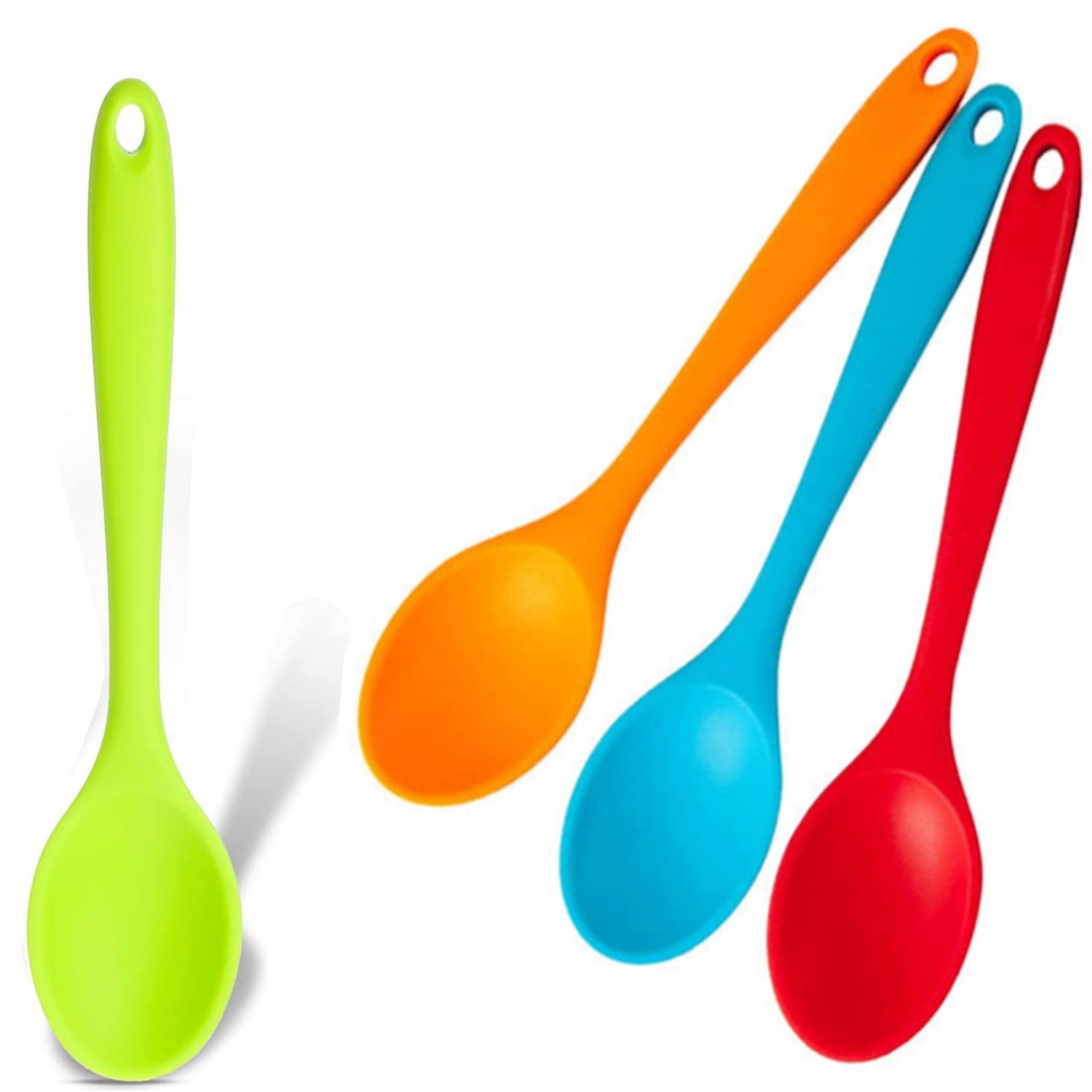 YIUIRUOI 4-Piece Set of Colorful Silicone Kitchen Spoons with Non-Stick Coating, Perfect for Mixing, Baking, Serving and Stirring (Red, Green, Yellow, Blue).