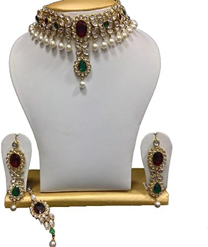 Ddivaa Indian Bollywood Elegant Look Red &amp; Green Stone Shining Kundan Jewelry Necklace Set