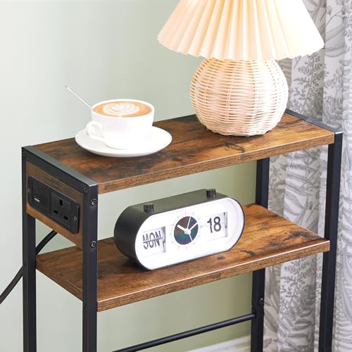 HOOBRO Narrow Side Table with Charging Station, Skinny Nightstand with USB Ports and Outlets, Slim Sofa End Table, Industrial Bedside Table with Storage Shelf, Rustic Brown and Black EBF102KBZ01