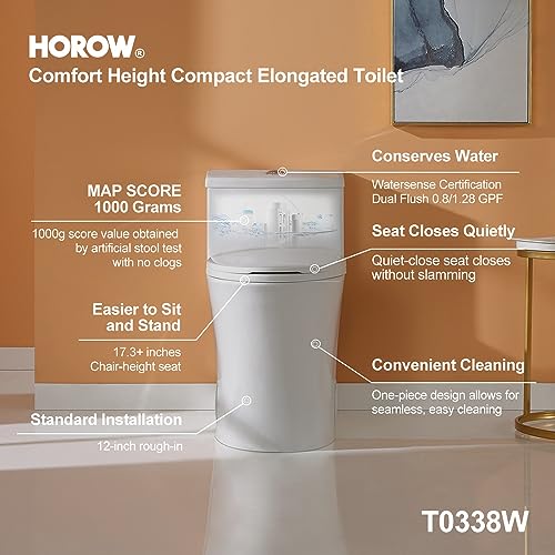 Elongated One-Piece Toilet, Comfort Height (17.3"), Dual Flush 1.1/1.6 GPF, Soft-Close Seat, 12" Rough-In, White