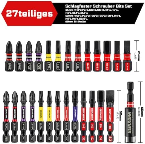 Juego de 27 puntas de destornillador de impacto (Phillipes, Pozidriv, Torx, Hex, ranuradas), 25 mm, 50 mm, Ph Pz Tx, juego de puntas de destornillador de cruz magnéticas S2 de acero y 1