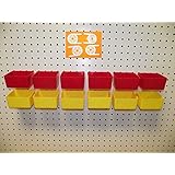 16 PACK 1/4" HOLE Peg Board Workbench Bins (6) Red bins & (6) Yellow bins PLASTIC Plus (4) Tool holders FITS WOODEN PEGBOARDS (PEGBOARD NOT INCLUDED)